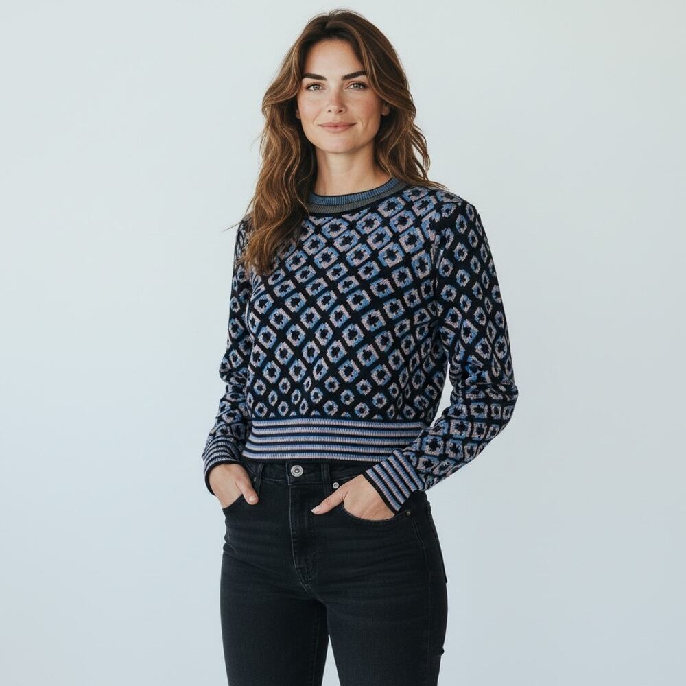 Diane von‎ Furstenberg Merino Wool Blend Cropped Metallic Printed Sweater